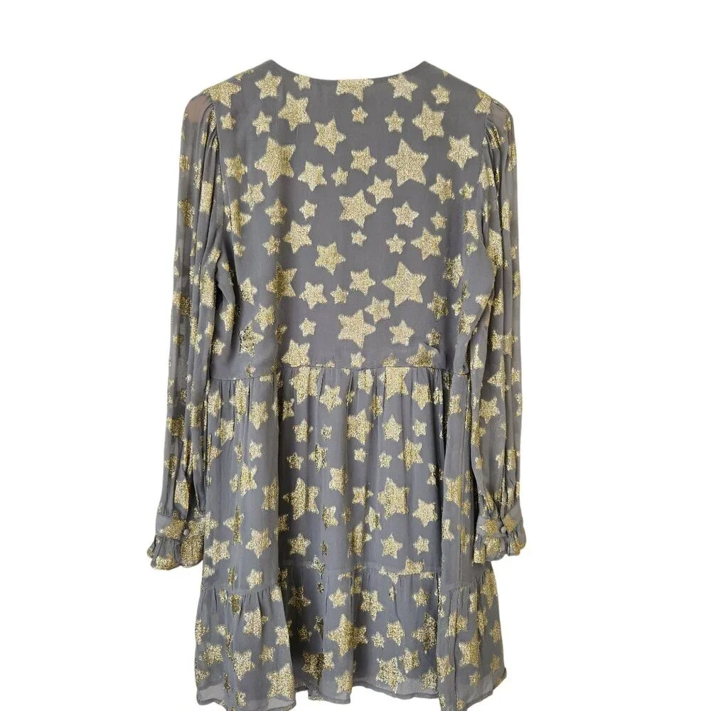 Loft Gold Star Print Shimmer Long-Sleeve Tiered Dress Gray Metallic Babydoll - Picture 2 of 11